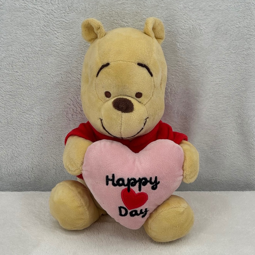 Disney Baby Winnie the Pooh Plush "Happy Day" Pink Heart Stuffed Animal 9 inch